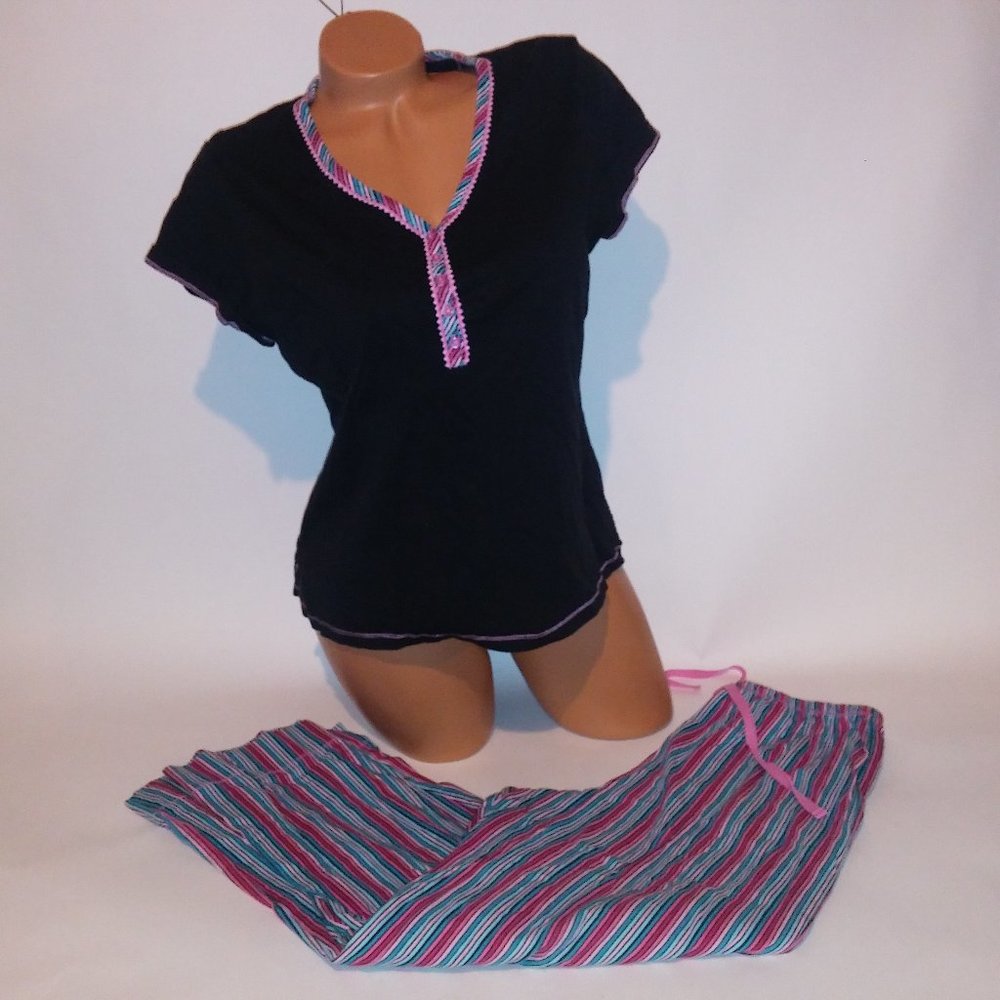 Axcess Pajama Set Top & Bottom Medium Pink Black Pants T Shirt Stripe V Neck Pre